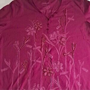 Greensource beaded henley floral shirt 3/4 Sleeve Cotton Knit Top 2XL